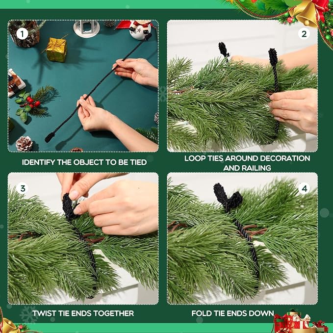 Zhengmy 20 Pcs 25 Inch Extra Long Christmas Garland Ties Christmas Decorative Twist Ties for Banister Reusable Flexible Twist for Holiday Xmas Home Decorations Craft Wrapping (Black)