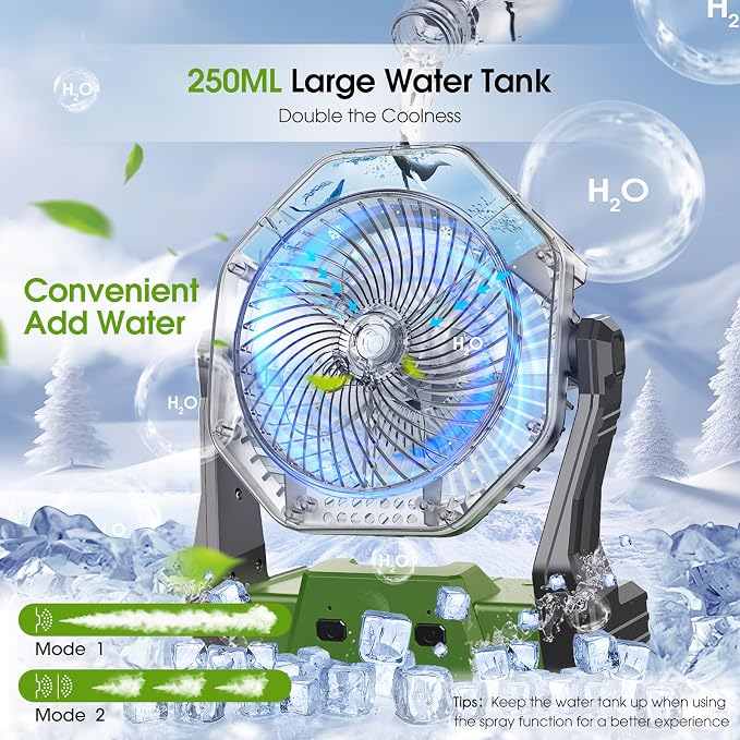 Ausic Portable Misting Camping Fans, [Max 35H Runtime] Outdoor Cooling Fan for Patios, 8 Inch Battery Operated Rechargeable Fans, Water Spray Fan with LED Light, Travel Beach Camp Essential