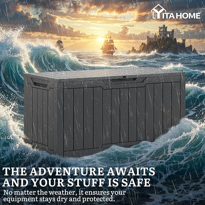 YITAHOME 100 Gallon Outdoor Storage Box | Large Water Resistant Resin Deck Box, Indoor Outdoor Lockable Storage Container for Patio, Garden, Cushions, Tools, Equipment