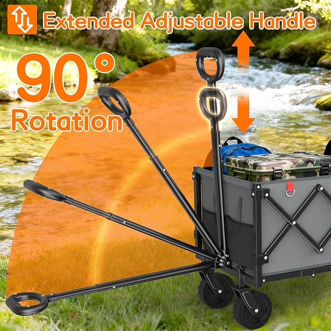 35" L Extra Long Wagons Carts Foldable, 360LBS Heavy Duty Collapsible Wagon with Wheels, Folding Wagon Portable Utility Cart for Groceries, Shopping, Camping, Sports (Gray, 180L)