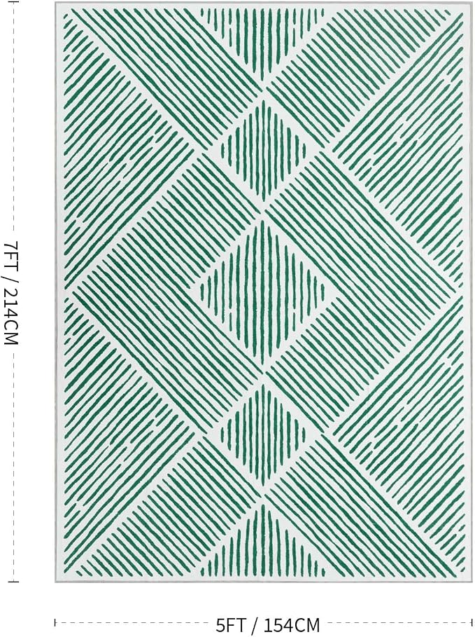 5‘x7' Washable Mid Century Modern Green Area Rug for Living Room | Non-Slip, Soft, Low Pile, Stain Resistant, Modern Geometric Stripe Rug for Bedroom Dining Room