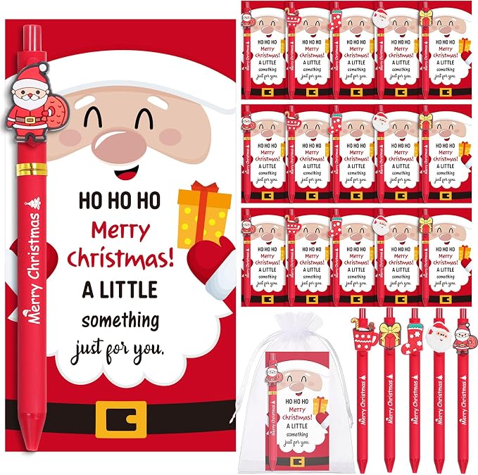 Marspark 30 Set Santa Gifts Bulk Christmas Ballpoint Pens and Greeting Cards Set with Bag Twist Ties for Employee Coworker Teacher Student School Office Home Party Favor