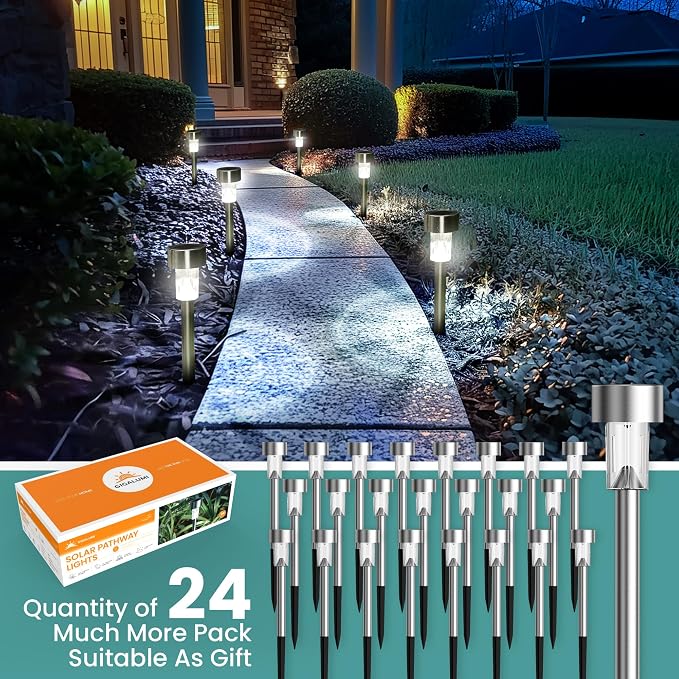 GIGALUMI 24 Pack Solar Lights Outdoor Waterproof,Stainless Steel LED Solar Garden Lights, Solar Pathway Lights Outdoor, Outdoor Solar Lights for Yard, Patio, Lawn and Landscape(Cold White)