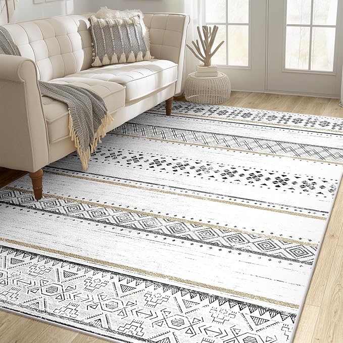 4x6 Washable Area Rugs for Living Room Boho Bedroom Rug Black/Brown | Vacuum Friendly, Machine Washable, Non-Slip Rug, Stain Resistant, Moroccan Geometric, Low Pile Carpet, Dining Room Kitchen