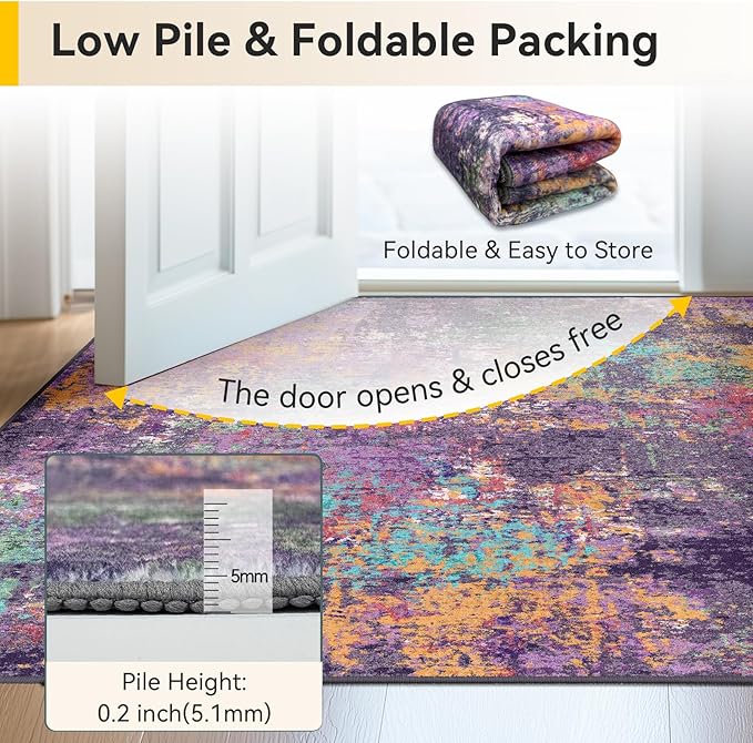 RELEANY Washable 2'x3' Abstract Area Rug for Living Room Purple Multi | Carpet for Bedroom, Kitchen, Office, Hallway and Entryway, Printed Pattern, Non‑Slip, Soft, Stain‑Resistant, Easy to Clean
