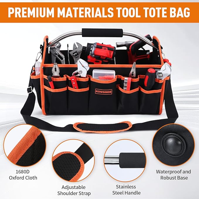 Kowsinde 16 Inch Tool Bag, Electrician Tool Bag, Open Top Tool Bags, 26 Pockets Can Hold Many Tools, Steel Handle and Removable Shoulder Strap