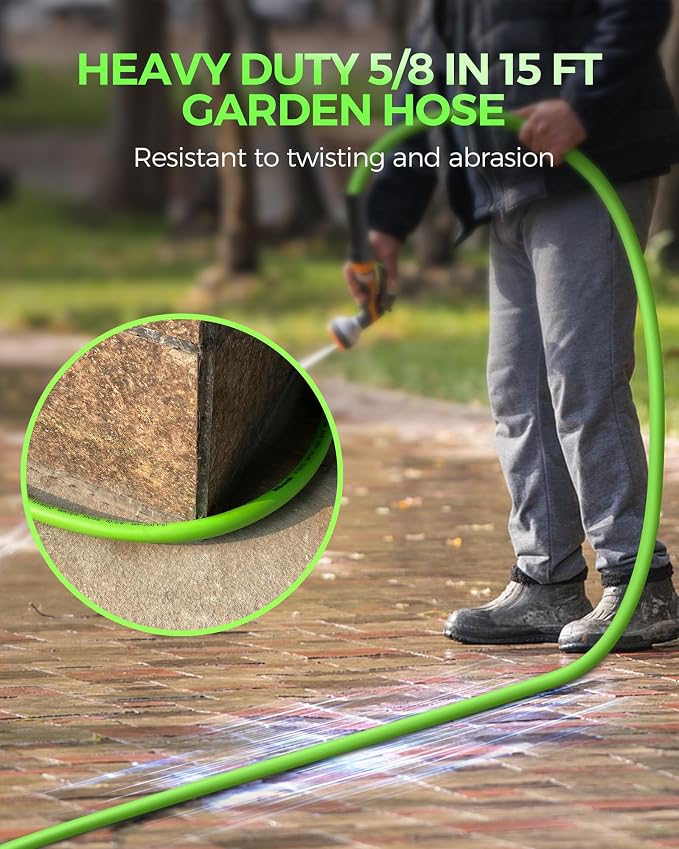 Garden Hose 15 FT x 5/8″, Short Garden Water Hose with Swivel Handle, 200 PSI Working, 450 PSI Burst, Lightweight Flexible Water Hose for Lawn, Yard, Car, All-Weather Outdoor Use, G15GH06