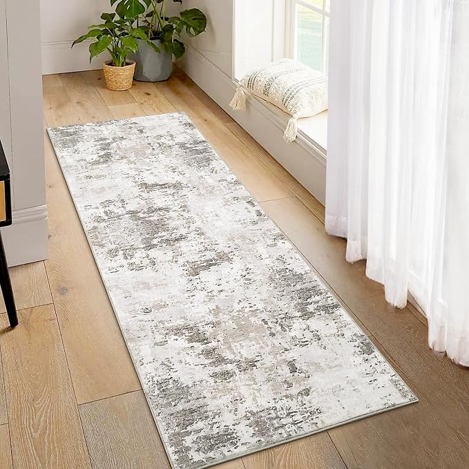 ROYHOME 2x6 Modern Abstract Runner Rug for Hallway Kitchen, Taupe/Beige | Non Slip Soft Stain Resistant Low Pile Machine Washable Non Shed Rug