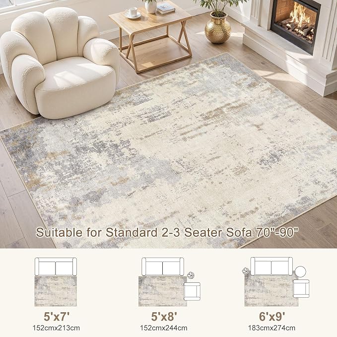 UERMEI 5x7 Area Rug Living Room Rugs - Washable Neutral Modern Abstract Soft Thin Rug Indoor Floor No Slip Rug Carpet for Bedroom Under Dining Table Home Office Decor - Light Brown/Gray
