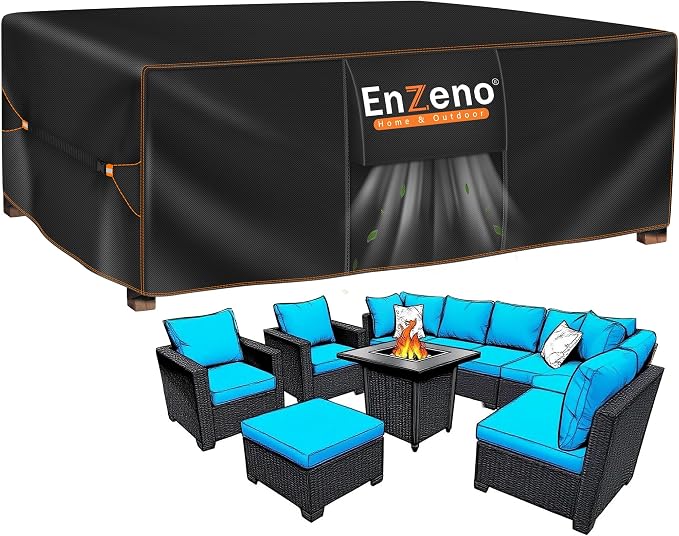 Enzeno Garden Furniture Cover Waterproof,98"L x 98"W x 35"H Garden Table Cover Rectangular,420D Heavy Duty Oxford Polyester Outdoor Patio Set Covers Windproof,Anti-UV for Chair and Table
