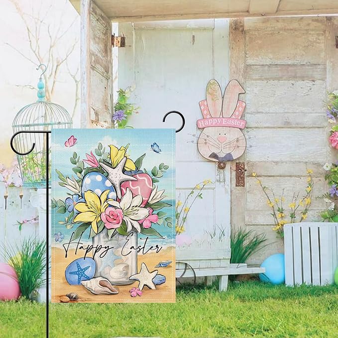 Artofy Happy Easter Beach Mason Jar Small Decorative Garden Flag, Coastal Lily Flower Easter Eggs Yard Lawn Outside Decor, Spring Nautical Starfish Burlap Outdoor Home Decoration Double Sided 12 x 18