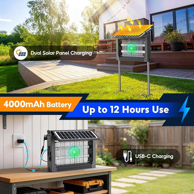 Solar Bug Zapper Outdoor, 4500V Electric Mosquito Zapper with Dual Solar Panels & USB Charging, Auto On/Off Mosquito Killer, IPX5 Waterproof Fly Trap for Backyard Patio Garden Camping, 1/2 Acre