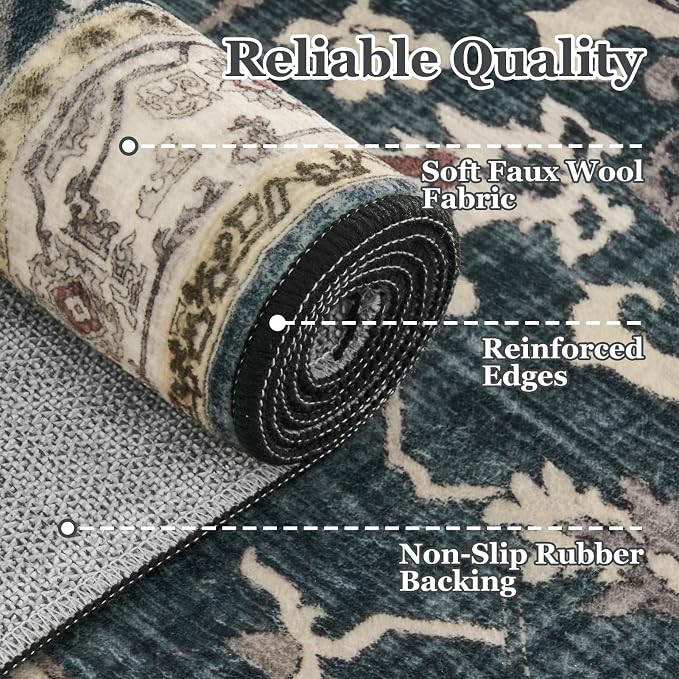 Farmhouse Distressed 3x5 Area Rugs for Entryway Foyer, Washable Non Slip Low Pile Throw Rugs for Kitchen, Vintage Medallion Pinted Carpet for Bedroom/Bathroom/Home Office, Midnight/Multi