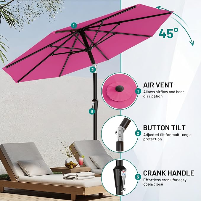 AreShark 9 FT Patio Umbrella for Outdoor, Outdoor Table Umbrella with Push Button Tilt and Crank, Outdoor Patio Umbrellas with 8 Sturdy Ribs for Market, Garden, Pool (Rose Pink)