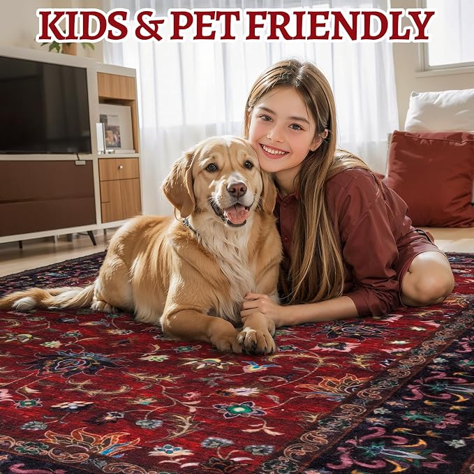 Tangsoo Vintage 3x5 Rugs, Washable Non Slip Accent Rugs for Entryway Red | Farmhouse Print Indoor Carpet, Boho Soft Low Pile Oriental 3x5 Area Rug for Living Room Dorm Bedroom Bedside Bathroom Decor