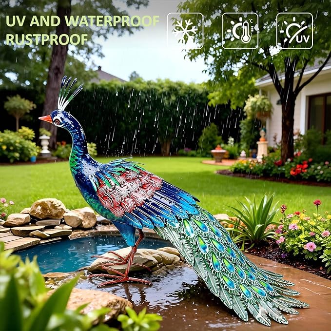 Kircust Outdoor Metal Peacock Statue, 24" L | Decor Art, Garden Sculpture, Weatherproof, Handcrafted For Patio, Yard, Home