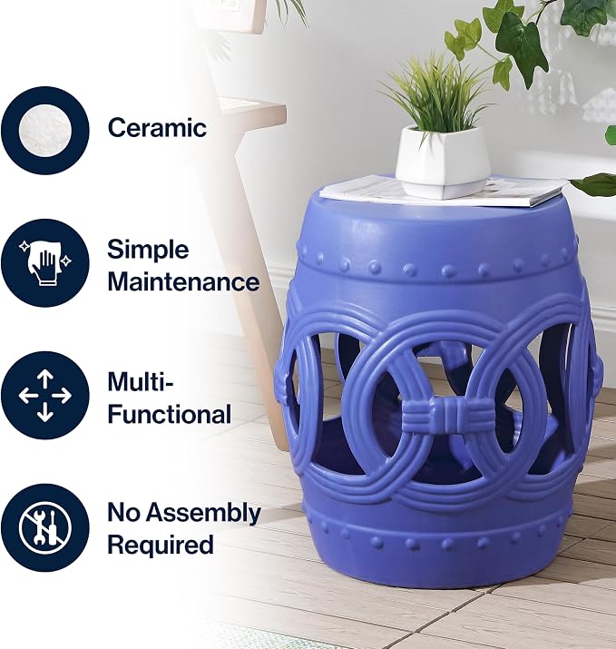 JONATHAN Y Lucky Coins 16" Ceramic Garden Stool, Contemporary Matte Blue Cutout Interlocking Rings Drum Indoor/Outdoor Side Table and Plant Stand for Patio, Garden, Living Room TBL1022D