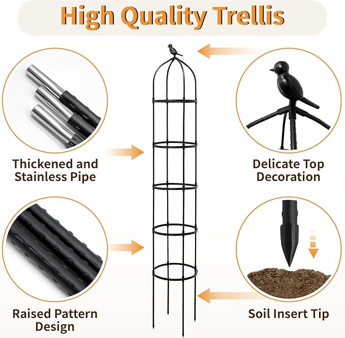 2 Pack Garden Obelisk Trellis for Climbing Plants Outdoor, 6.7FT Adjustable Metal Plant Support with 3 Decorative Tops, Black Rustproof Trellis for Roses, Tomatoes, Clematis & Vines