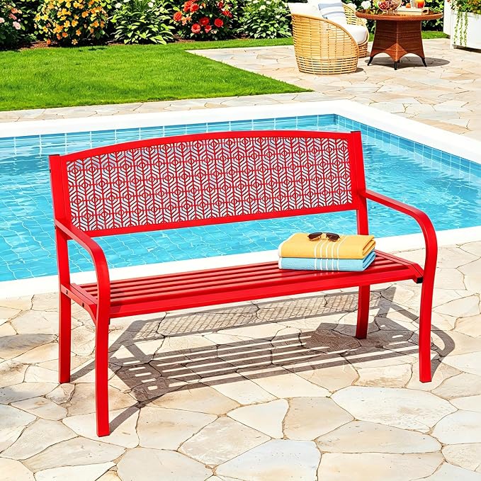 50" Outdoor Metal Garden Bench, Patio Steel Bench with Curved Backrest, Decorative Pattern, Weather-Resistant Porch Bench for Yard, Park, Deck, Backyard