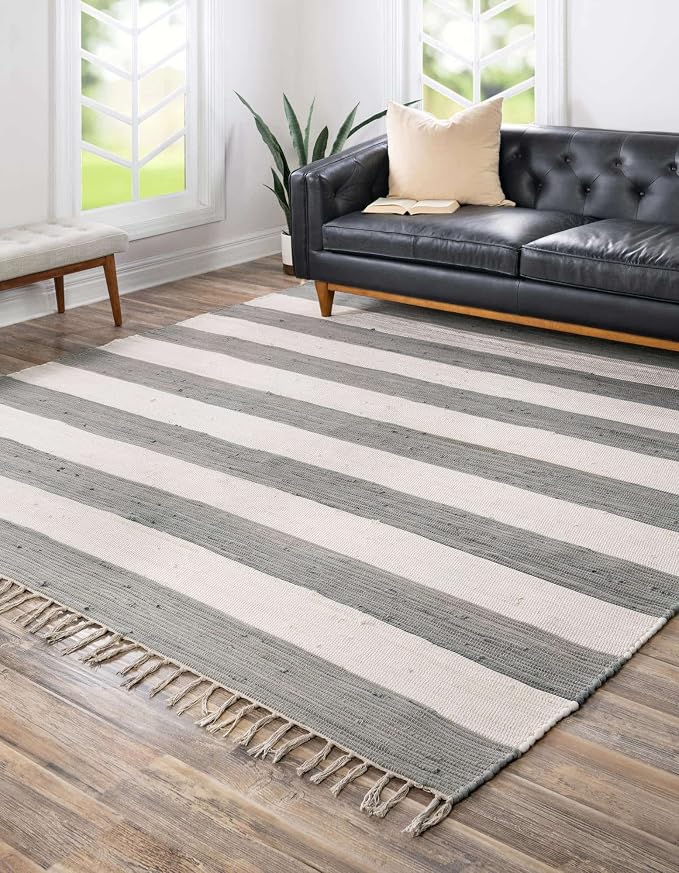 Unique Loom Chindi Rag Collection Area Rug - Striped (7' 10" Square, Gray/ Ivory)