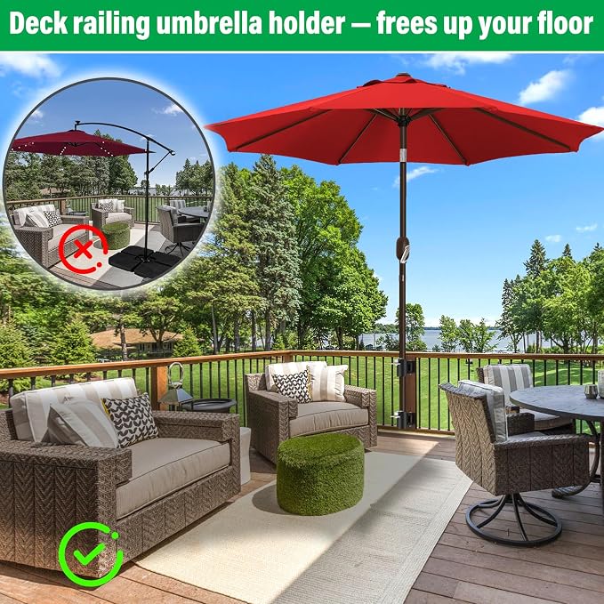 Heavy Duty Deck Railing Umbrella Holder, Adjustable Patio Umbrella Stand for 1-2 Inch Poles, Post Flat & Right Angle Mount, Maximizes Deck Space