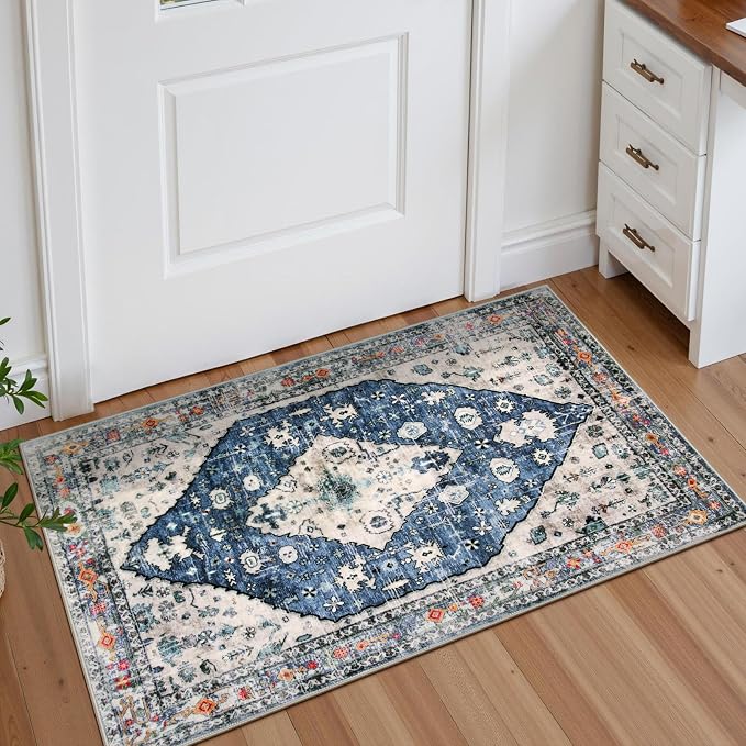 Lahome Felice Boho Tribal Area Rug - 2x3 Small Front Door Rug, Soft Non Slip Washable Entryway Mat Bohemian Low Pile Throw Doormat Carpet for Living Room Kitchen Laundry Bedroom Bathroom, Blue
