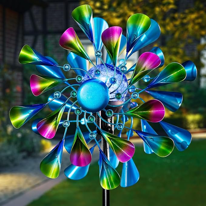 60'' Wind Spinner with Color Glass Ball Solar Lights, Green Peacock Feathers Metal Garden Outdoor Decor Yard Lawn Art Decor for Patio Kinetic Windmills Unique Gifts for Friends and Family
