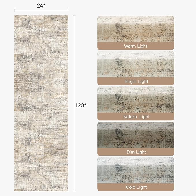 2X10 Area Rug for Hallways, Gold Abstract Washable Non-Slip Runner Rugs | Low Pile Runner Rugs, Soft Carpet for Kitchen Bathroom Bedroom Laundry, Stain Resistant Foldable Non-Shedding Distressed Rug