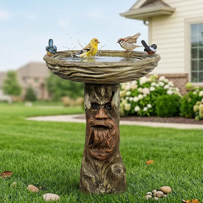SunJet 24” High x 19” Diameter Outdoor Bird Bath with Tree Face Pedestal - Fibre Reinforced Concrete Birdbaths with Decorative Birds for Garden, Patio, Yard, Lawn Décor