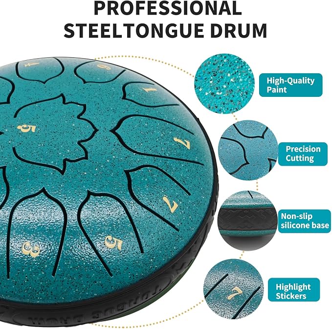 Steel Tongue Drum 11 Notes 6 Inches, Rain Drum for Outside with Bag, Music Book, Mallets, Finger Picks, Stickers – Meditation & Yoga Steel Drum