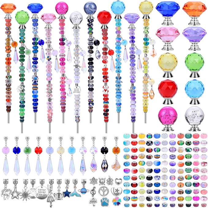 AIPRIDY DIY Crystal Beaded Fairy Wand Garden Stakes Kit, Colorful Decorative Wands with Assembly Guide, 12 or 10 Inch Threaded Rods,Outdoor Garden Decoration Set (390, Rainbow+Mixed Top)
