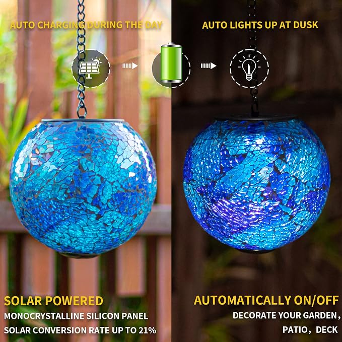 VCUTEKA Solar Lanterns Outdoor Waterproof - Hanging Solar Lights Garden LED Lanterns Mosaic Glass Design for Landscape Patio Yard Garden Pathway Decoration