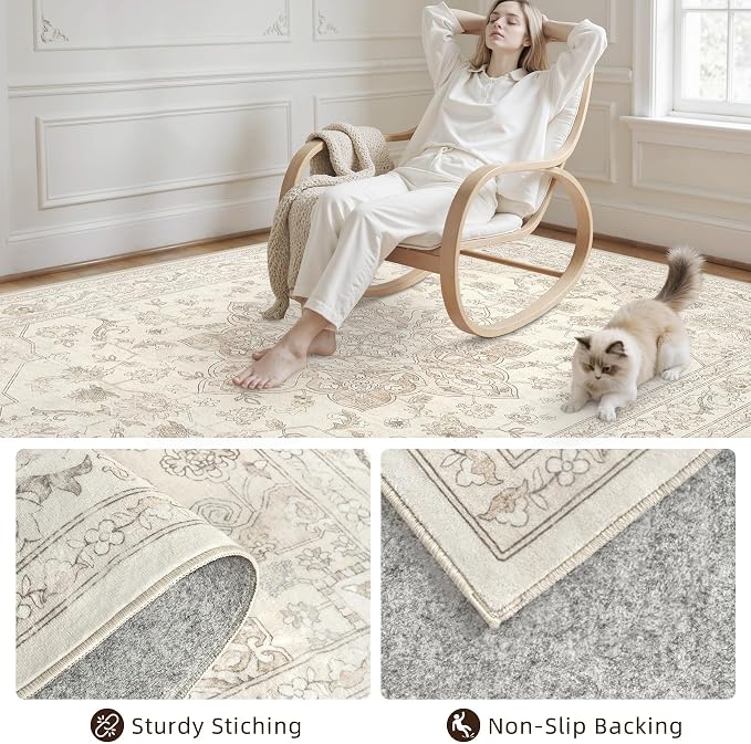 5x7 Area Rugs Living Room: Bedroom Washable Carpet Beige White | Vintage Boho Soft Small Indoor Decor Floor Non-Slip Low Pile Neutral Farmhouse Entryway Laundry Bathroom Bedroom Beside Rugs