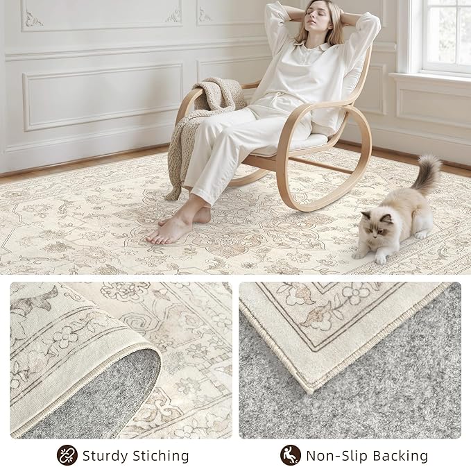 10x14 Area Rugs Living Room: Bedroom Washable Carpet Beige White | Vintage Boho Soft Small Indoor Decor Floor Non-Slip Low Pile Neutral Farmhouse Entryway Laundry Bathroom Bedroom Beside Rugs