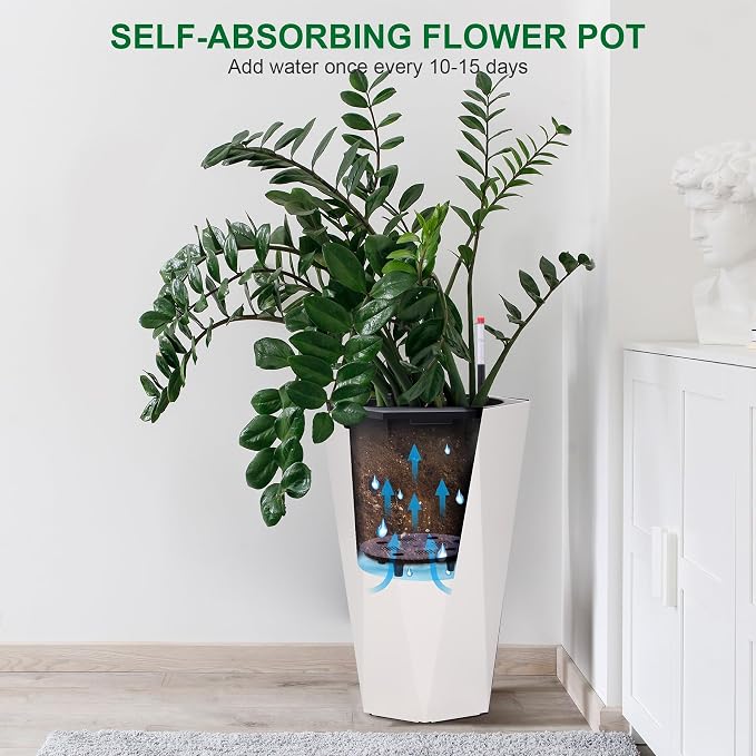 Set of 2 Tall Planters for Outdoor Plants, 22.5" Large Planter Pots with Drainage Holes & Water Level Monitor, Self-Watering Flower Pots for Patio, Porch, Garden, Front Door Decor, Indoor Outdoor