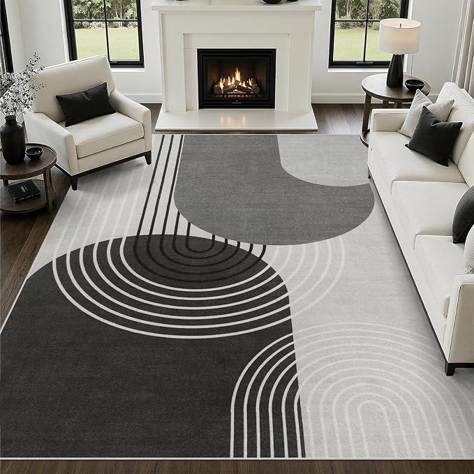 DCX Abstract Washable 8x10 Rug, Non Slip Low Pile Rug, Black Gray | Rugs for living room, bedroom, dining room, office, soft, mid century modern rug, sain resistant indoor carpet, home decor