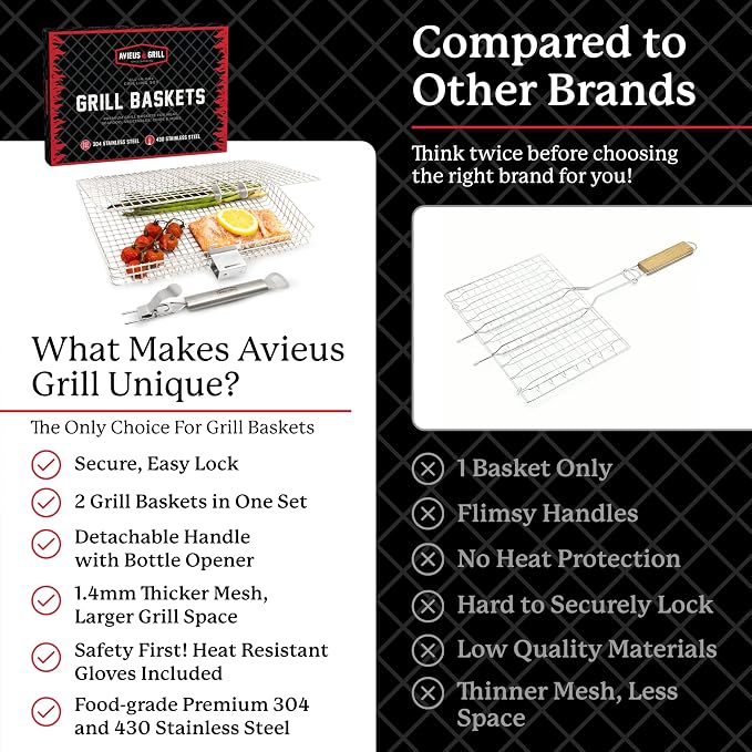 AVIEUS GRILL Grill Baskets for Outdoor Grill | 2 Grilling Baskets with Detachable Handle | Barbecue Grill Set with BBQ Gloves | Portable Camping Net Rack Perfect for Vegetables, Seafood & Meat