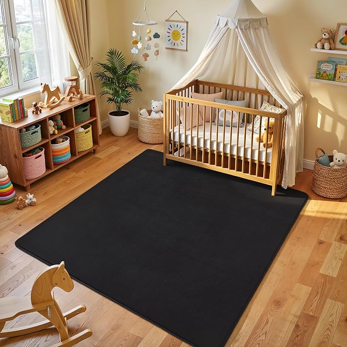 Amearea 5x5 Square Area Rugs for Bedroom Living Room, Black Memory Foam Rug | Thickened Fluffy Indoor Washable Rugs, Modern Non Slip Minimalist Carpet for Kids Boys Girls Dorm Nursery Room Decor