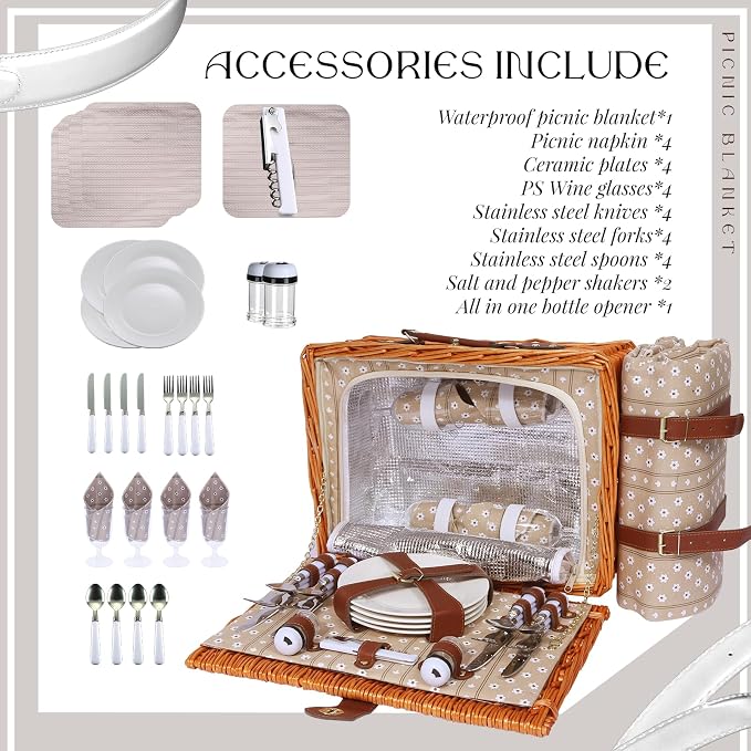 Picnic Basket Set for 4 with Waterproof Blanket Mat Insulation Bag Wicker Floral Brown Classic Fresh for Christmas Thanksgiving Wedding Birthday Camp Outdoor Beach Travel