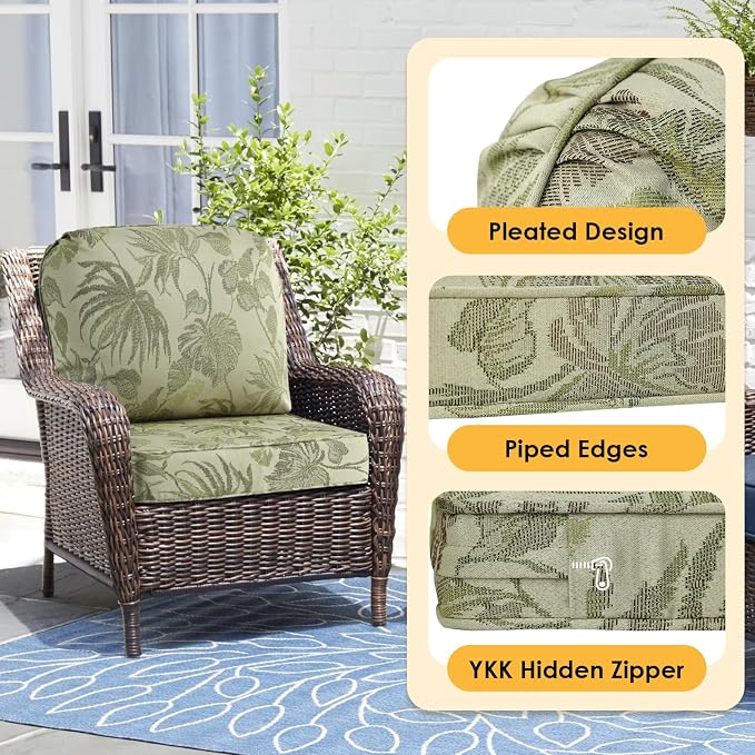 Outdoor Cushions for Patio Furniture Set of 2, 24"x24" Water Repellent Chair Cushions Removable Seat Bottom & Back Cushion Covers for Chair, Sofa, Couch, Dark Green Vine