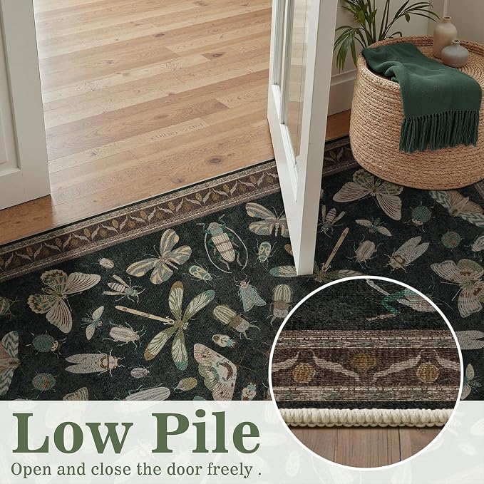 DCX 4x6 Washable Bug Rug for Living Room, Soft Low Pile Rug, Black | Easy to clean, non-shedding, soft, kid & pet friendly, with a non-slip rubber backing for bedrooms, and nature-themed decor