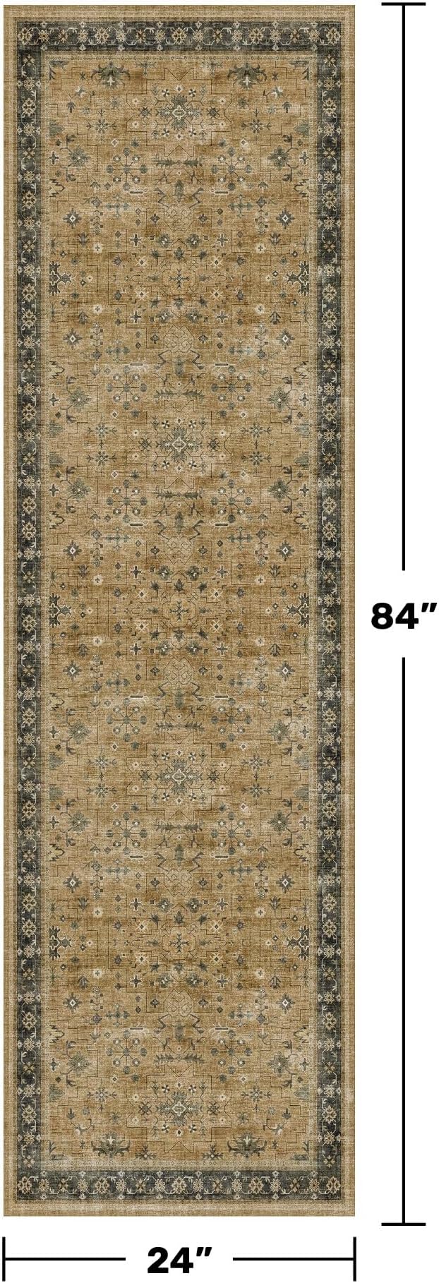 Boho 2x7 Runner Rug for Hallway, Washable Runner Rug for Kitchen, Non-Slip Low-Pile Washable Stain Resistant, Vintage Rustic Brown and Charcoal Olive Décor
