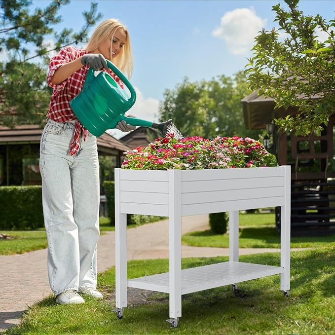 Vixzen 33.7" Tall Raised Garden Bed Outdoor with Wheels & Shelf, Divisible Resin Planter Box with Drainage Gauge, Planter Bed Box for Vegetables/Herbs, Backyard, Patio, Balcony, Ashen (33.7" H)