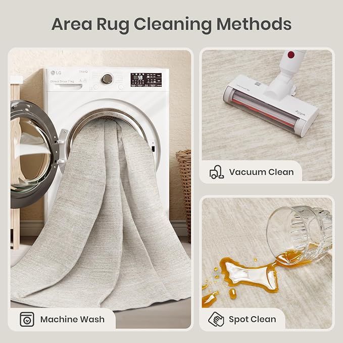 Valenrug Round Rugs 6ft, Circle Washable Area Rugs for Living Room, Beige | Soft Low Pile, Thin & Lighweight Non Slip Carpet, Folable Stain Resistant Modern Indoor Floor Mat for Bedroom, Dining Room