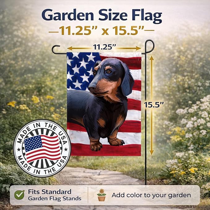 Caroline's Treasures CK6500GF Dachshund Dog American Flag Garden Flag Mailbox Flag Decorative Yard Flag Banner Outside Patio Artwork Yard Flower Beds, Garden Size, Multicolor
