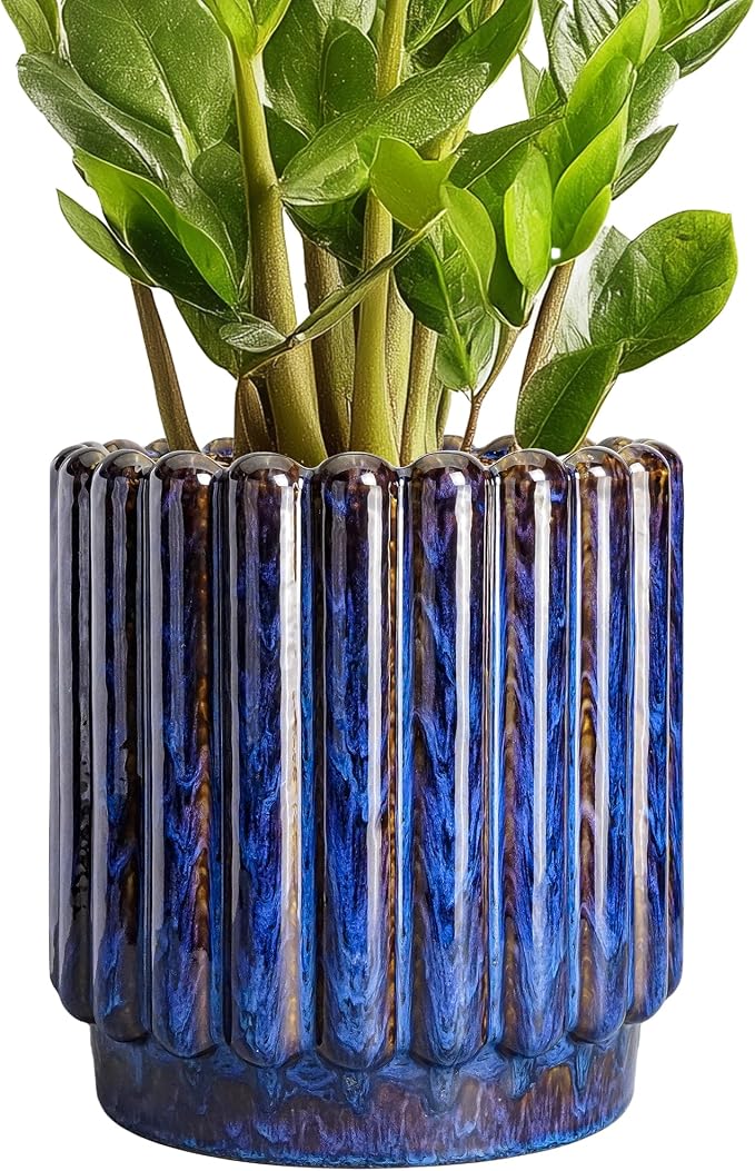 Ceramicfor Ceramic Plant Pots, 7.6 Inch, Blue | Drainage Hole, Fluted Round Design, Indoor & Outdoor Use, Modern Style