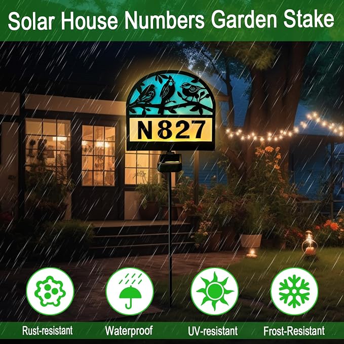Solar Address Signs for Houses,YY Gardenia House Numbers for Outside,Metal Birds Decor for Outside,Yard Sign Stake