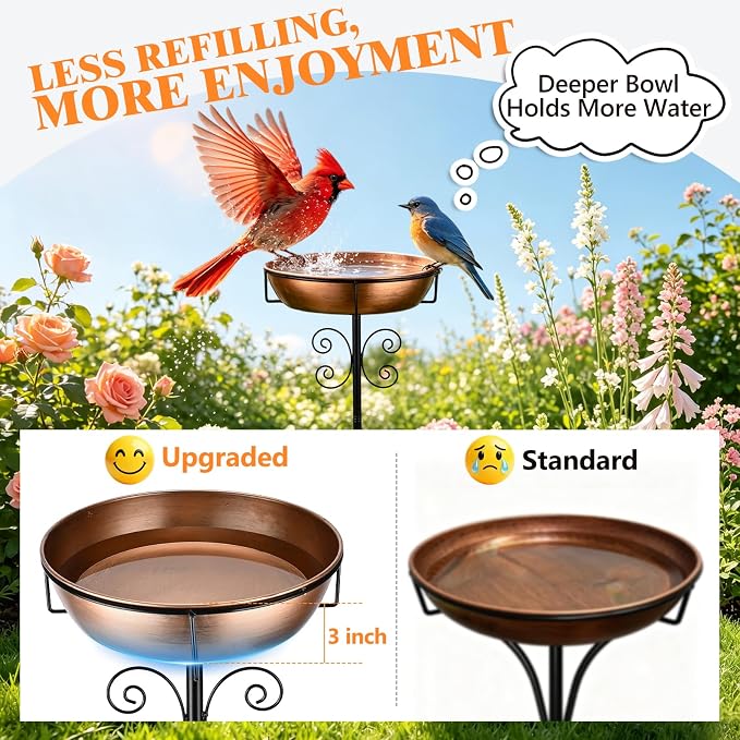 Btefd 3" Deep 43" Tall Copper Metal Bird Bath for Outdoor, 12" Dia Removable Bird Baths Water Bowl for Outside, Standing Birdbaths with Stable Stake for Garden Yard Lawn Decor 1.4 Gallon