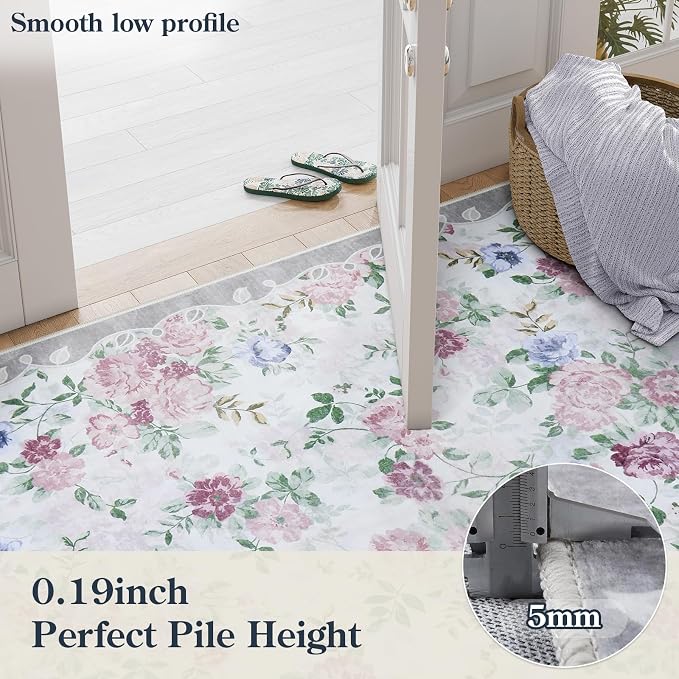 Lahome Purple Rugs for Bedroom, Floral 5x7 Area Rug | Vintage Living Room Rug Non Slip Low Pile Ultra-Thin Large Carpet for Farmhouse Dining Room Kids Nursery Nina (Purple/Grey)