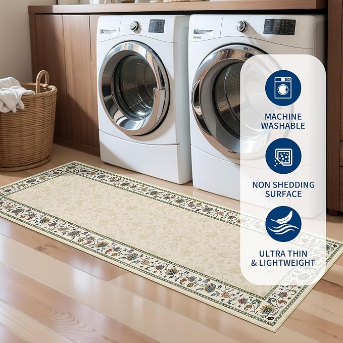 Garvee 8x10 Vintage Floral Washable Rugs for Living Room Bedroom Rug | Beige Boho Border Area Rug Stain Resistant Easy Cleaning Throw Rugs Low Pile Floor Cover for Nursery Dining Room Apartment